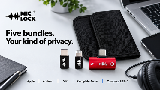 Mic-Lock microphone blockers and a Faraday bag beside everyday devices, with the five privacy bundle names.