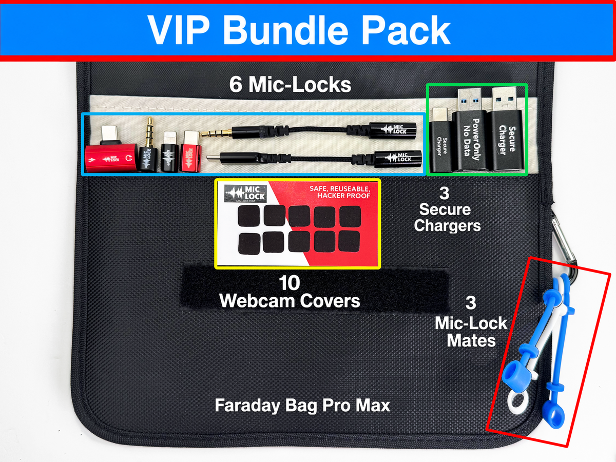 Mic-Lock VIP Privacy Bundle: 6 Mic-Locks, 10 webcam covers, 3 secure chargers, 3 Mic-Lock Mates and Faraday Bag Pro Max
