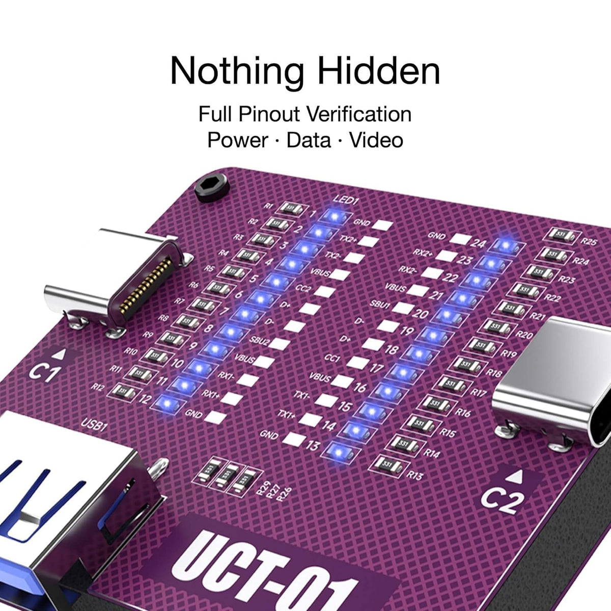 AHHOMATATA UCT-01 purple cable tester with illuminated pin indicators