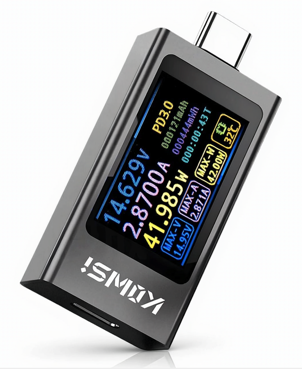Single USB-C power meter with color display on a white background