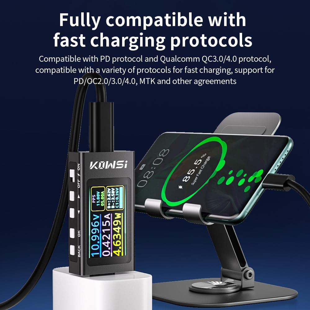 One Diymore USB-C power meter shown in a charging setup; phone, stand, charger and cables are not included