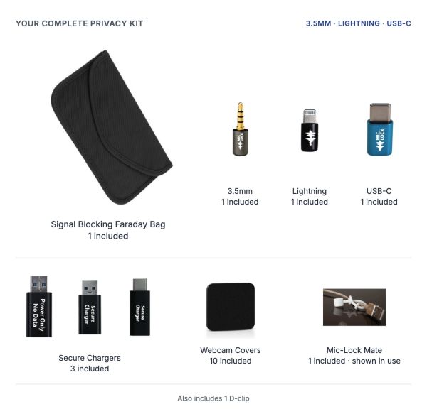 One Faraday bag, three microphone blockers, three Secure Charger adapters, 10 webcam covers and one Mic-Lock Mate. Also includes one D-clip, not pictured. Cable and adapter shown with the Mic-Lock Mate are not included.