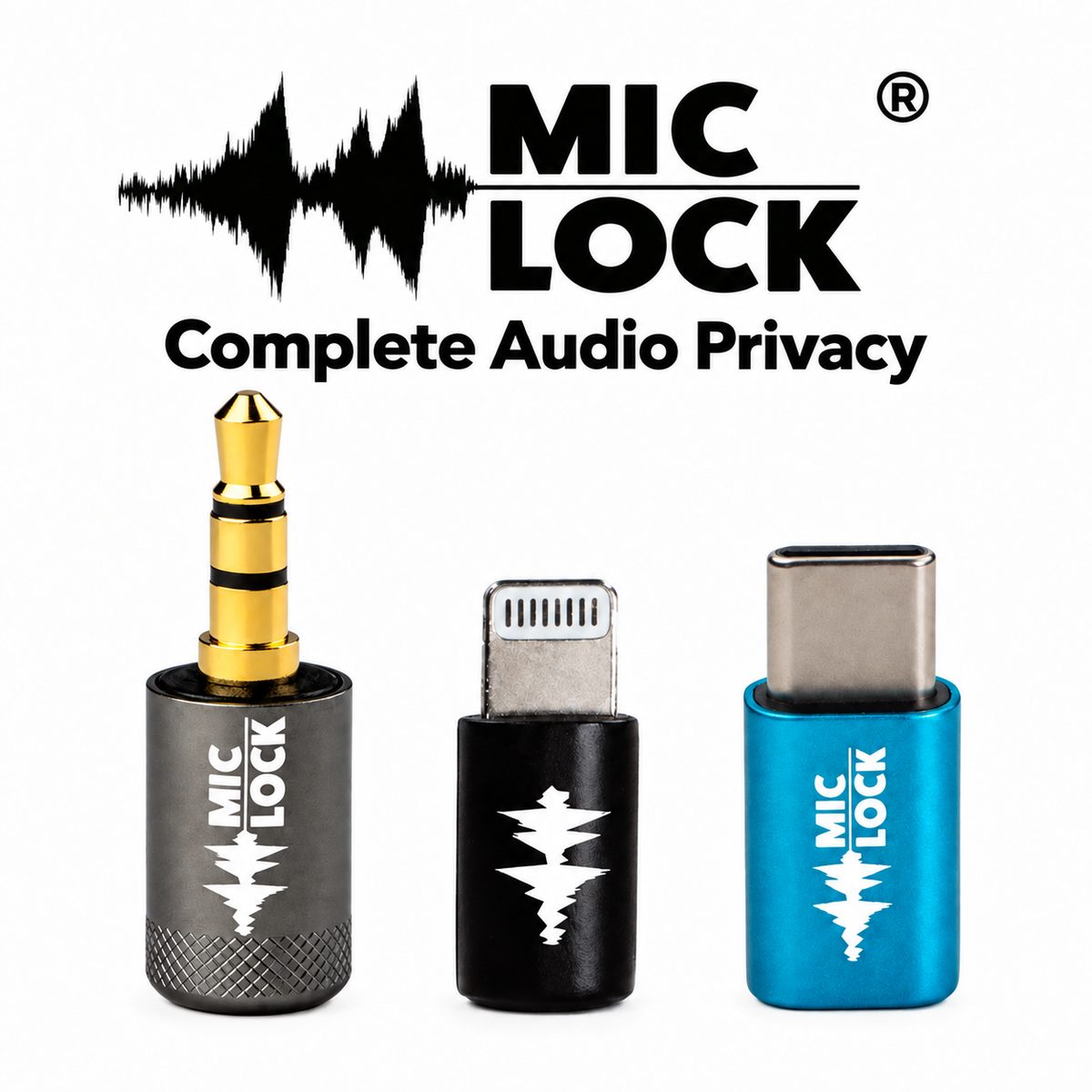 Mic-Lock Complete Audio Privacy Bundle with gray 3.5-millimeter, black Lightning and blue USB-C microphone blockers on a white background.