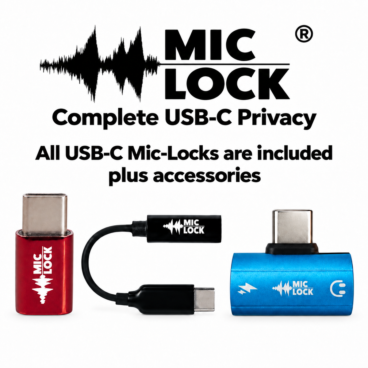 Mic-Lock Complete USB-C Privacy Bundle showing a red Mini, black SoundPass and blue HiFi SoundPass with Secure Charger. All USB-C Mic-Locks are included plus accessories.