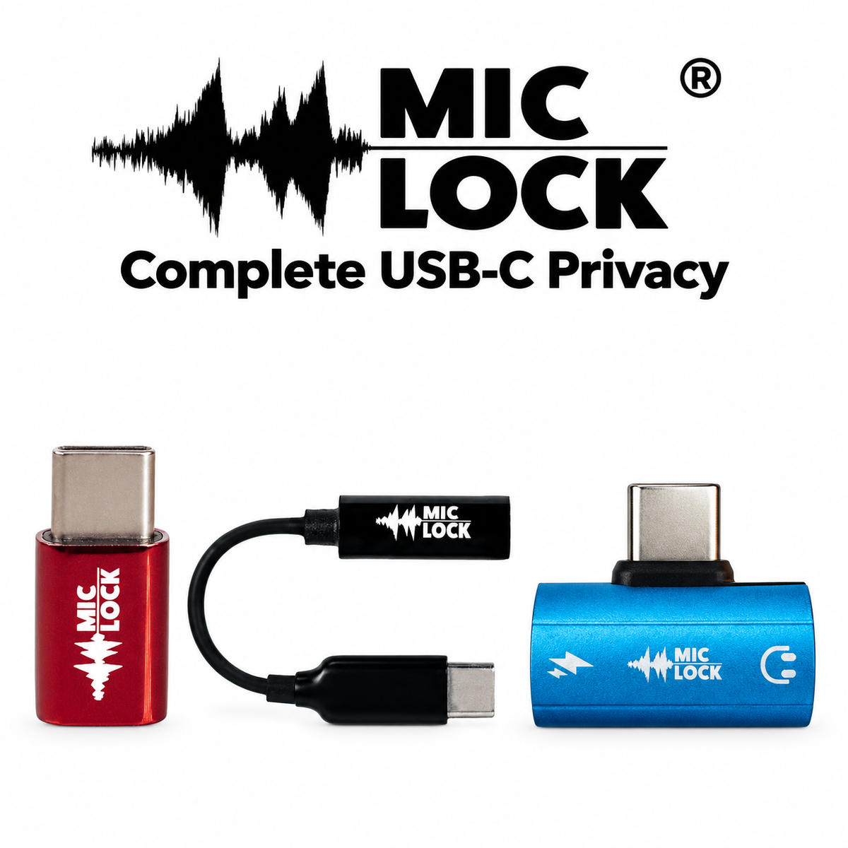 Mic-Lock Complete USB-C Privacy Bundle with a mirror red Mini, black SoundPass and blue HiFi SoundPass with Secure Charger on a white background.
