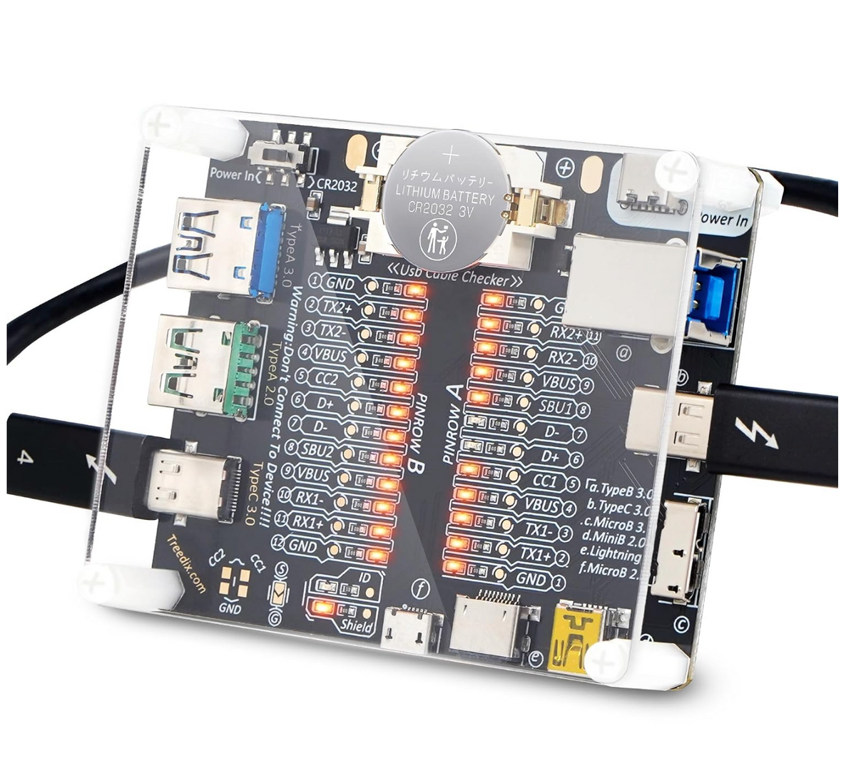 Treedix USB cable tester in its clear acrylic case with a USB-C cable connected and LED pin indicators illuminated