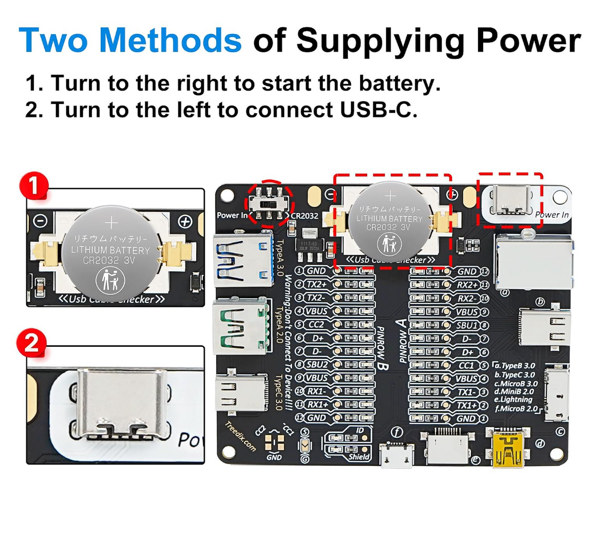 Treedix USB cable tester showing its CR2032 battery, USB-C power input and power switch