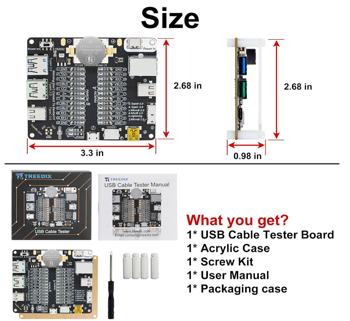 Treedix USB cable tester size diagram and kit contents including acrylic case, screw kit, manual and packaging