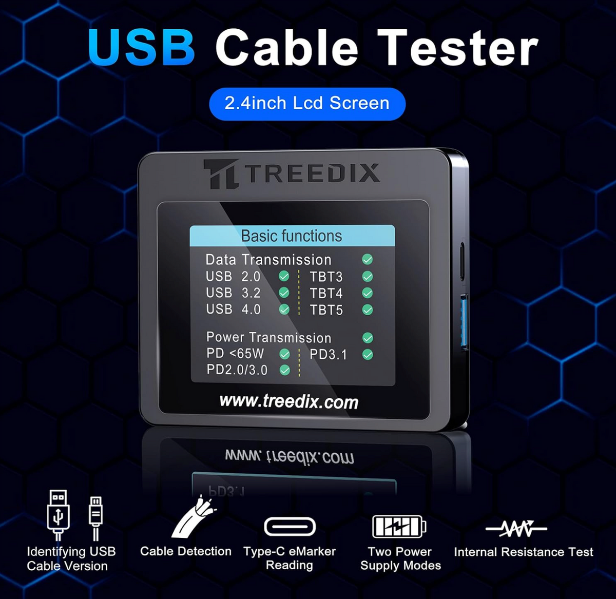 Treedix USB cable tester with 2.4-inch screen and feature overview
