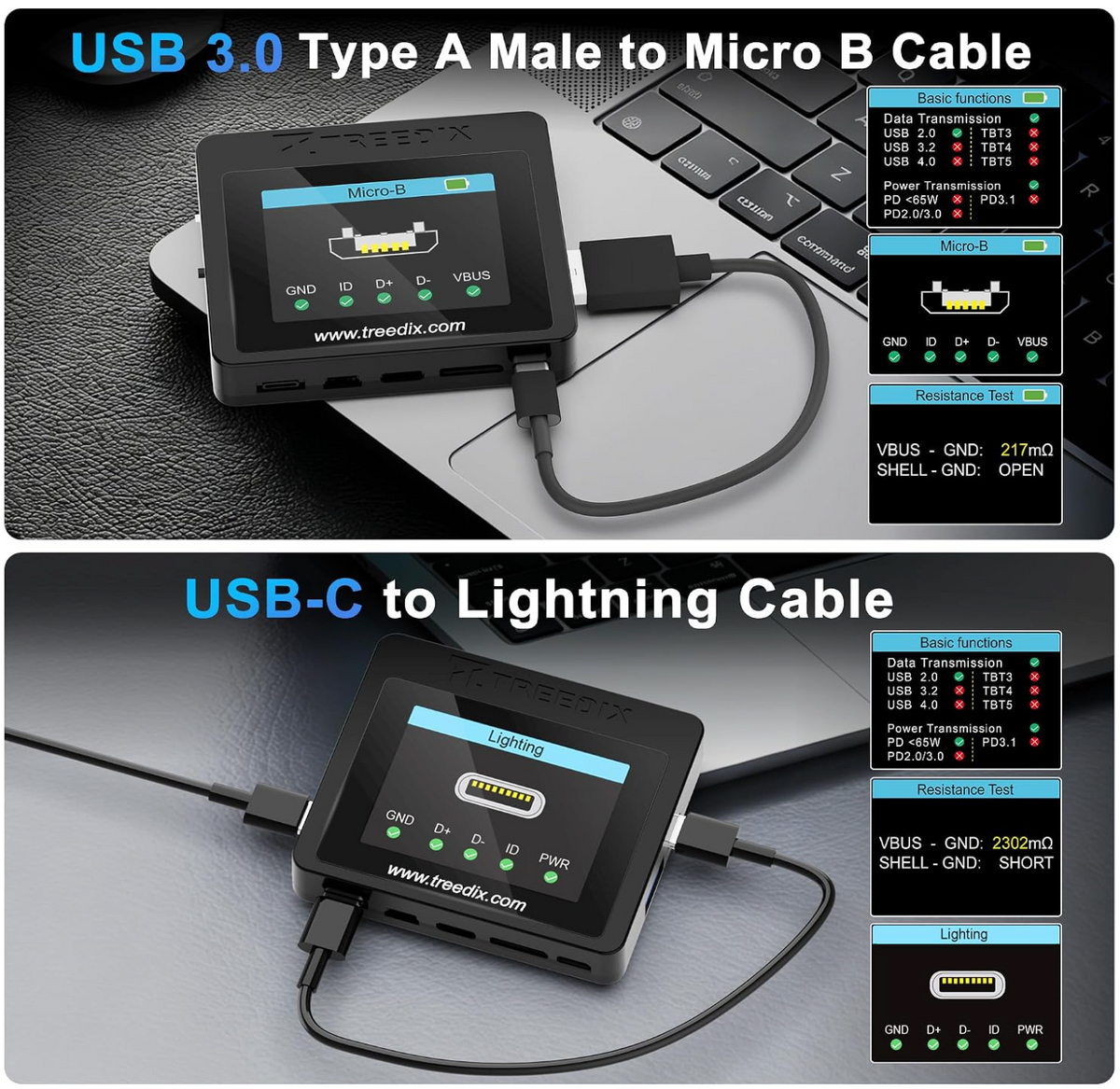 Treedix cable tester showing Micro-B and USB-C to Lightning cable test examples