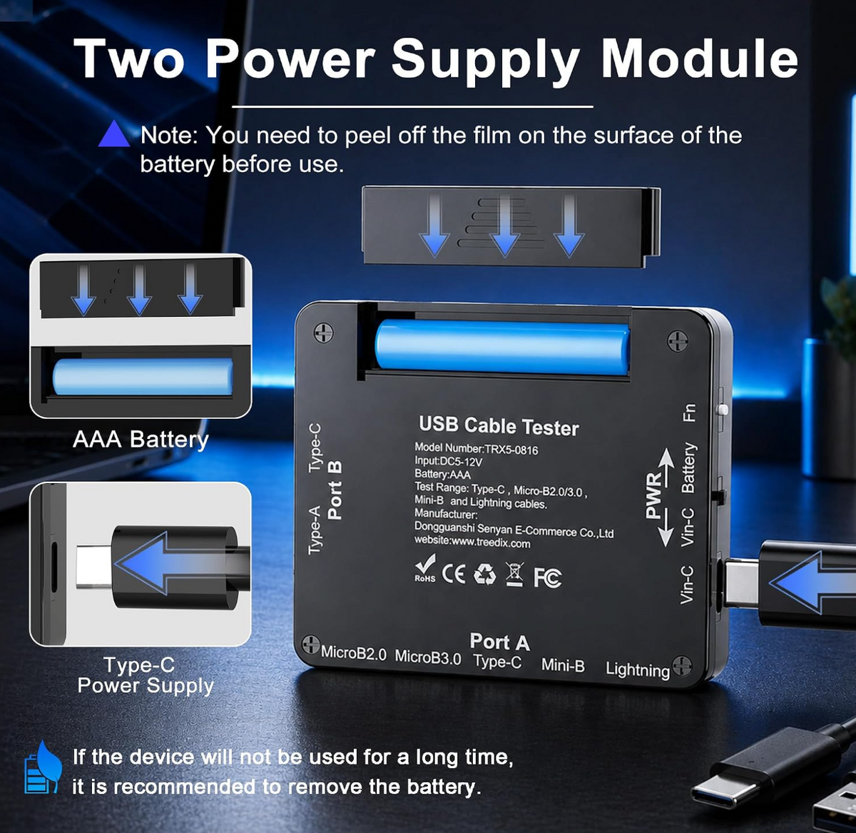 Treedix cable tester AAA battery compartment and dedicated USB-C power input